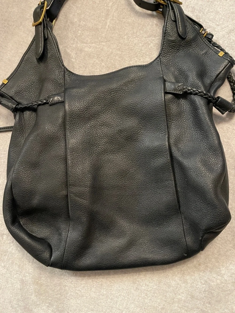 Elliott Lucca Black Pebbled Leather Slouchy Hobo Bag Braided Tassel Boho